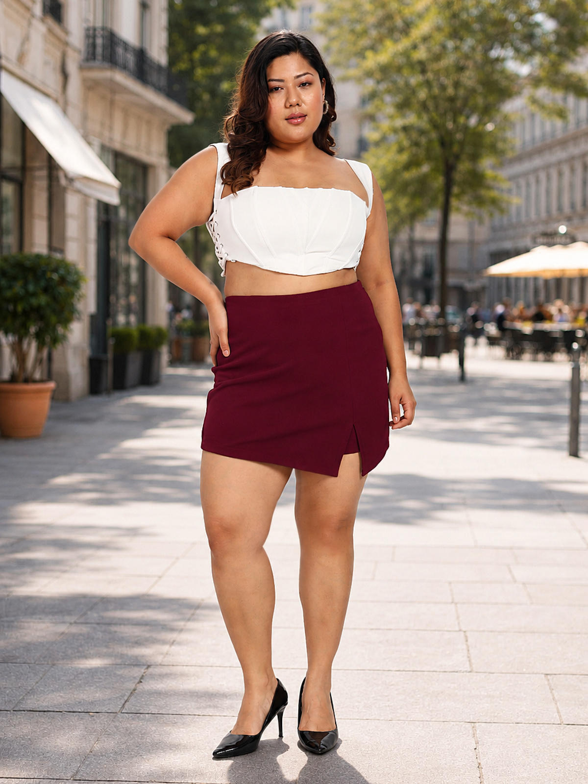 Maroon Plus Size Side Slit Skort