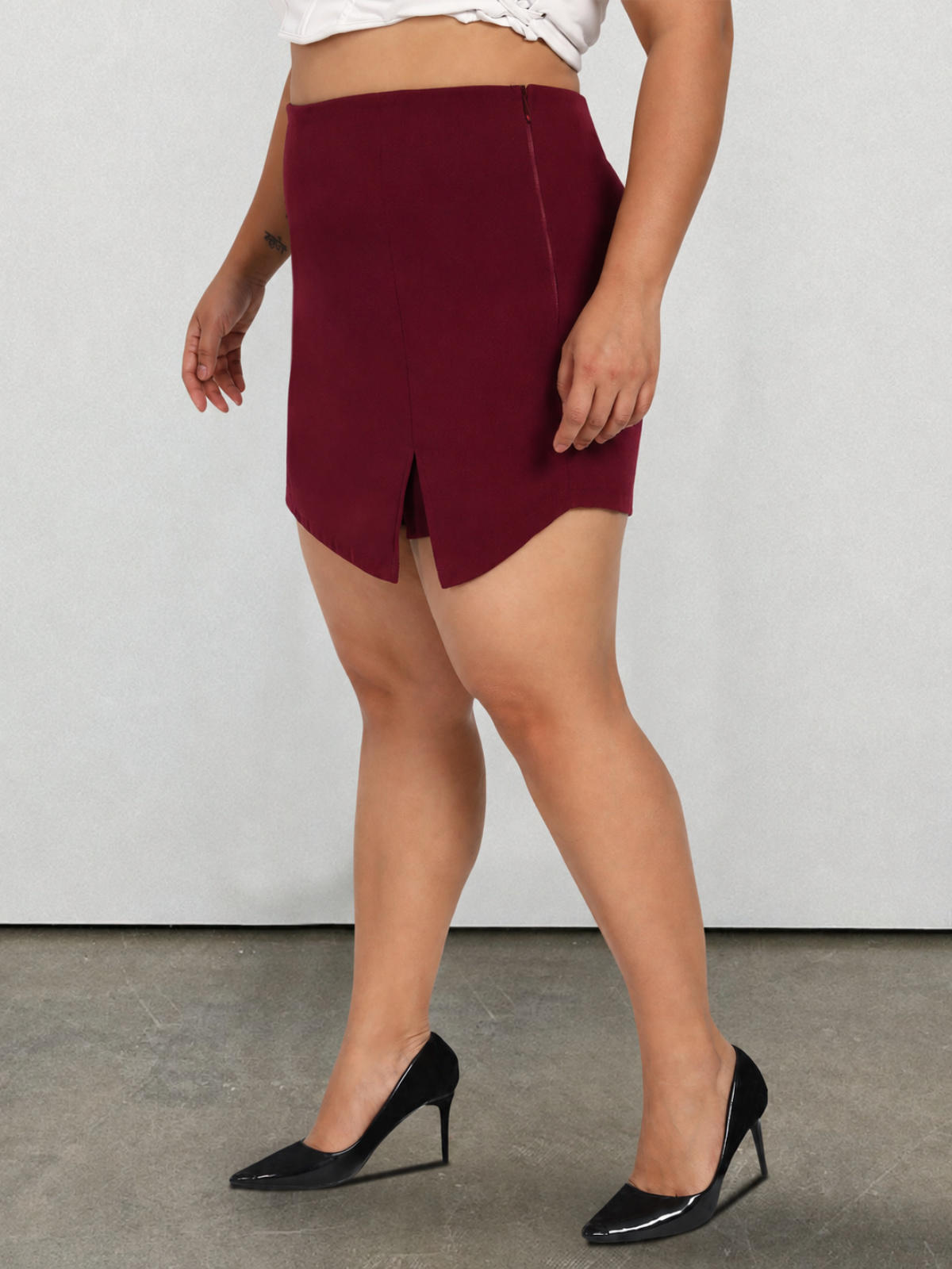 Maroon Plus Size Side Slit Skort