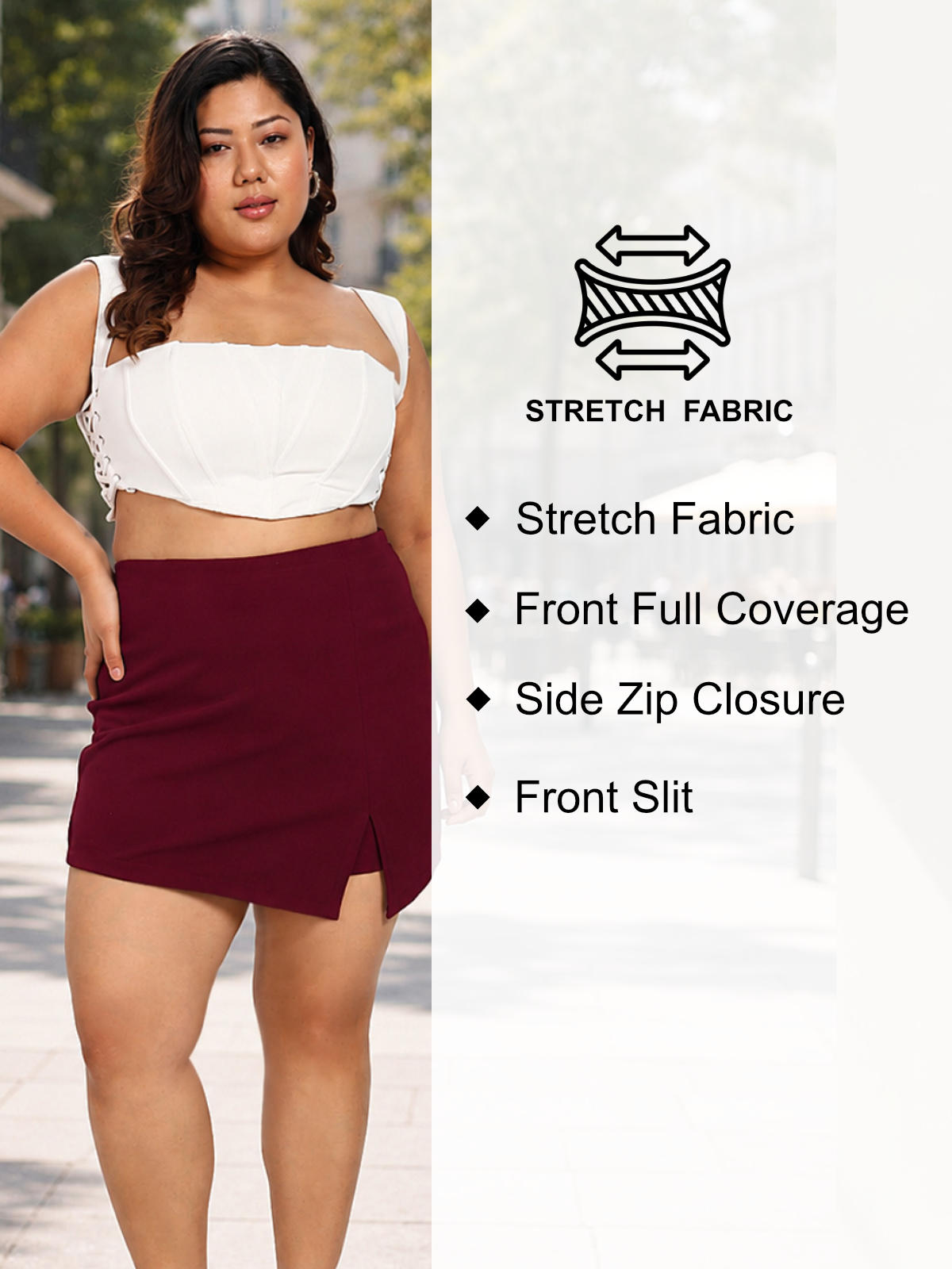 Maroon Plus Size Side Slit Skort