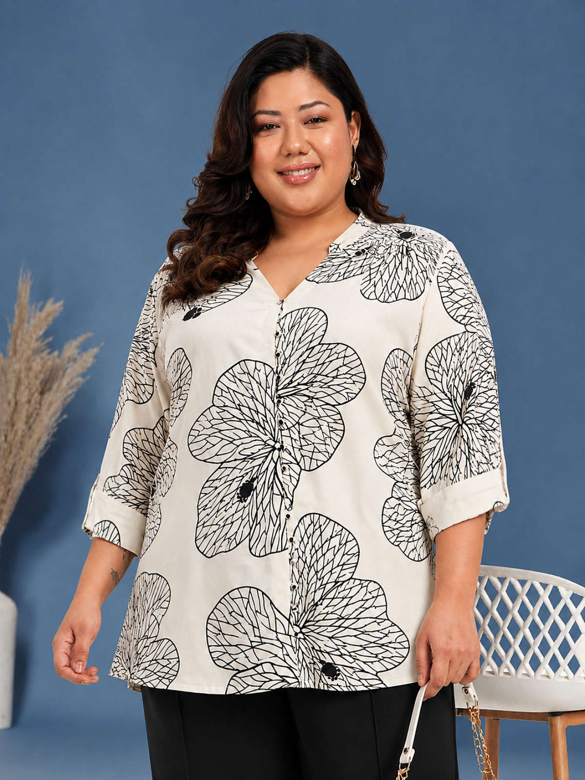 White Plus Size Big Print Buttoned Tunic Top
