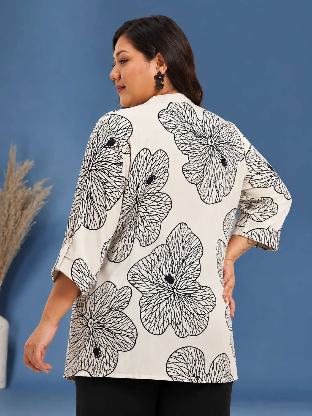 White Plus Size Big Print Buttoned Tunic Top