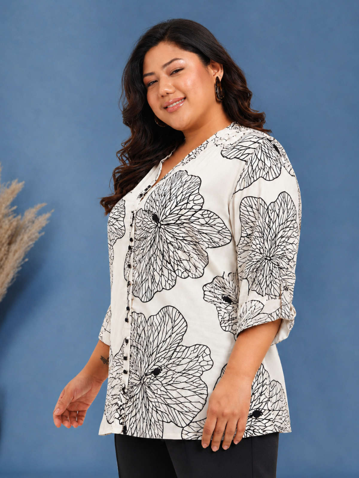 White Plus Size Big Print Buttoned Tunic Top