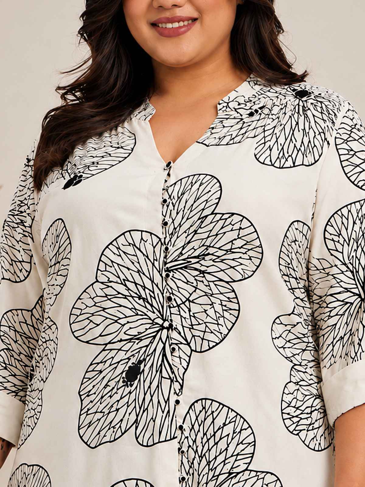 White Plus Size Big Print Buttoned Tunic Top