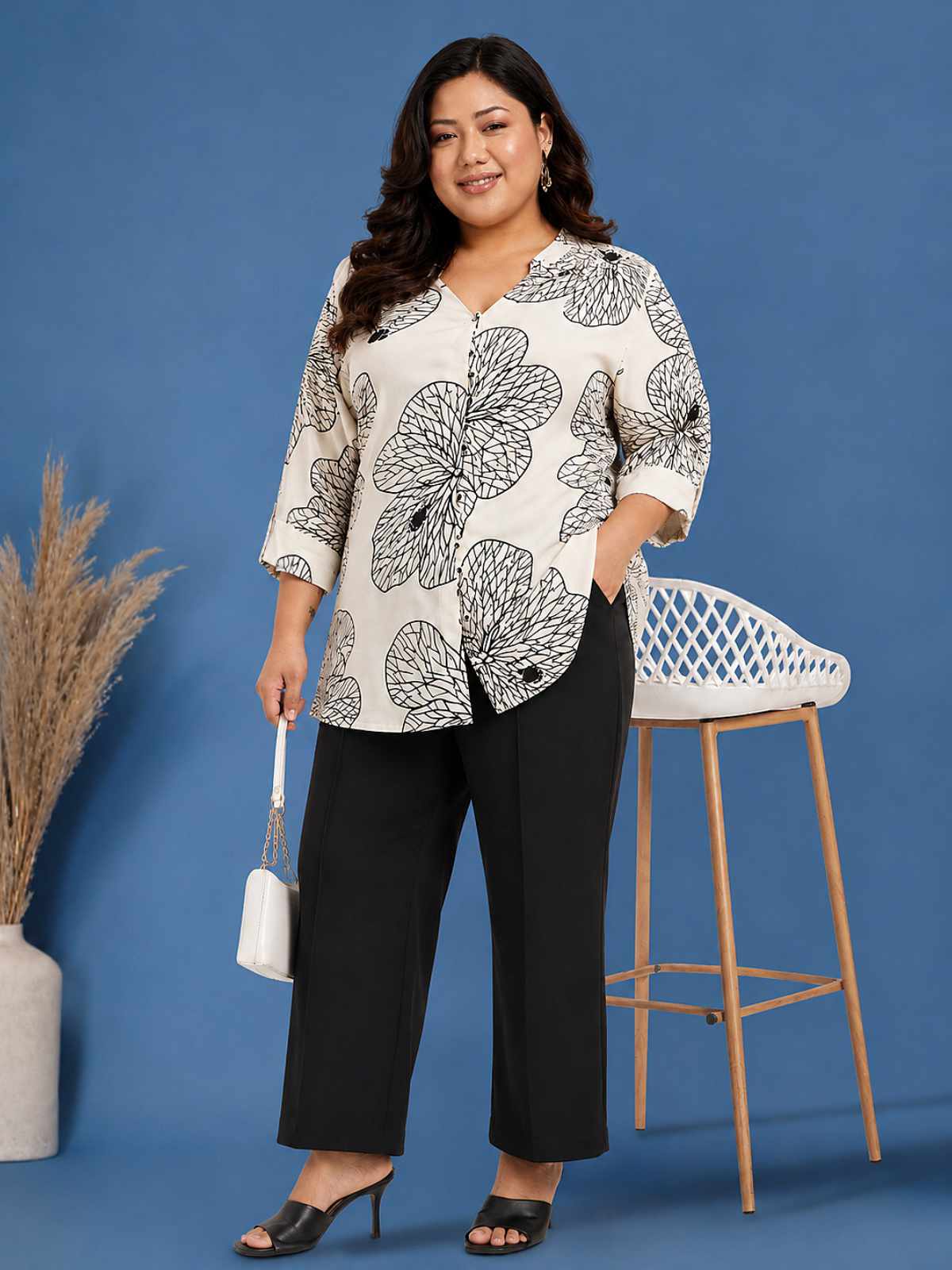 White Plus Size Big Print Buttoned Tunic Top