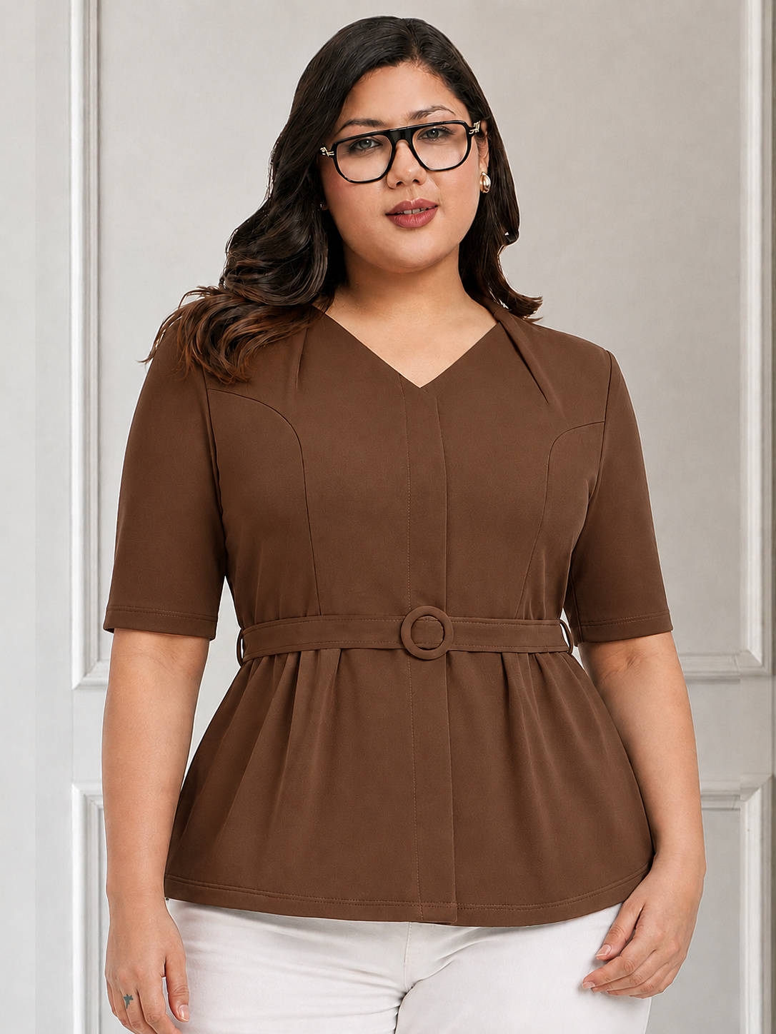 Brown Plus Size Formal Top With Belt
