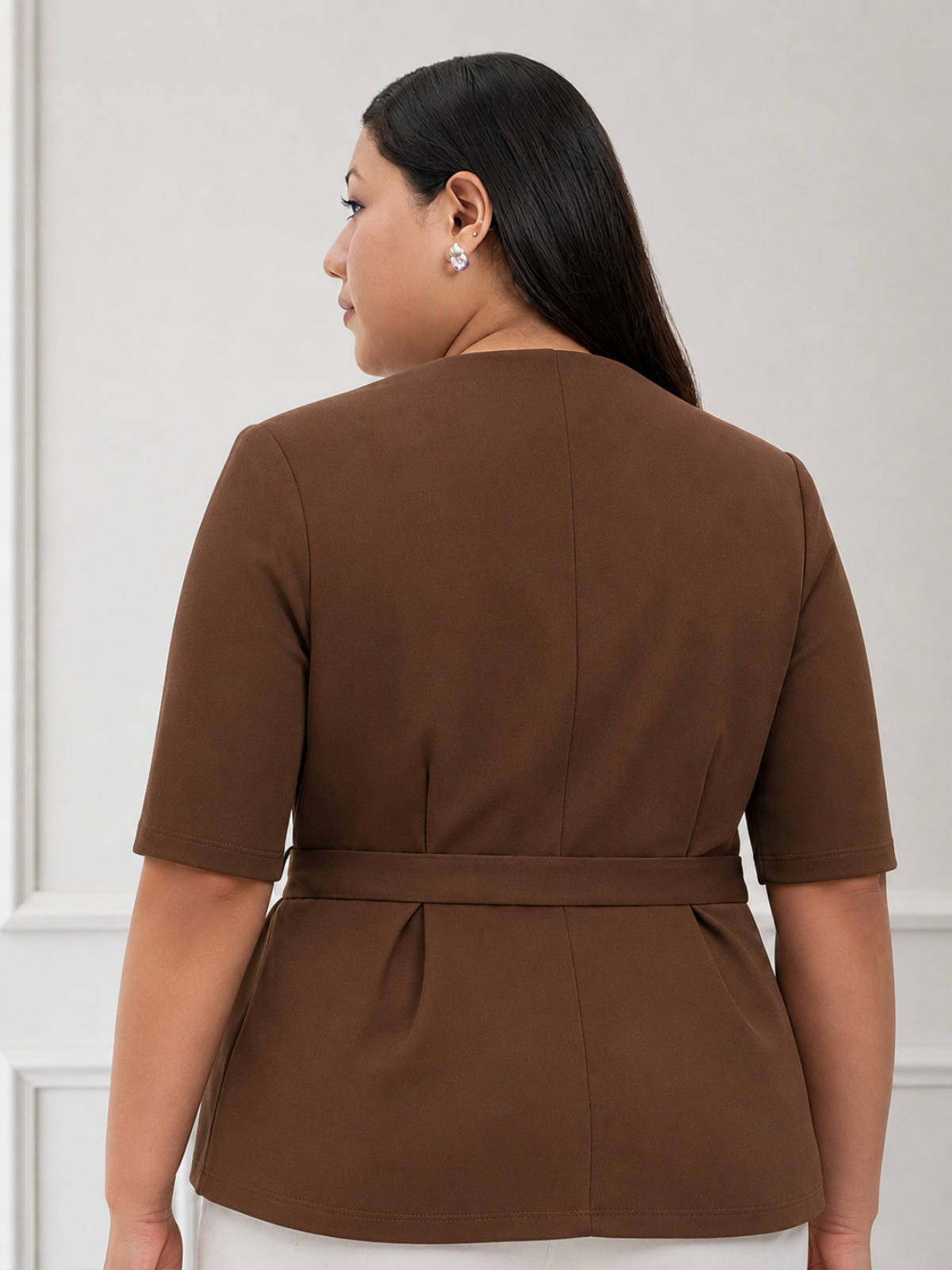 Brown Plus Size Formal Top With Belt