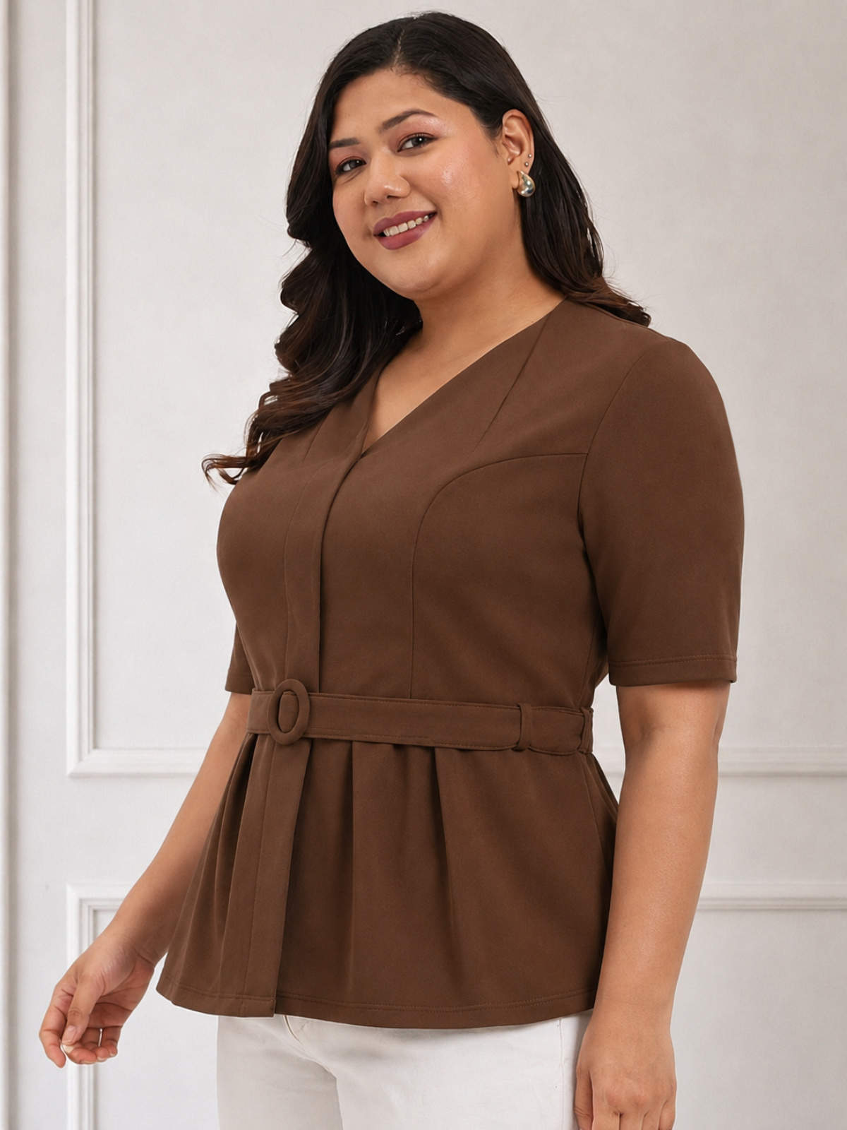 Brown Plus Size Formal Top With Belt