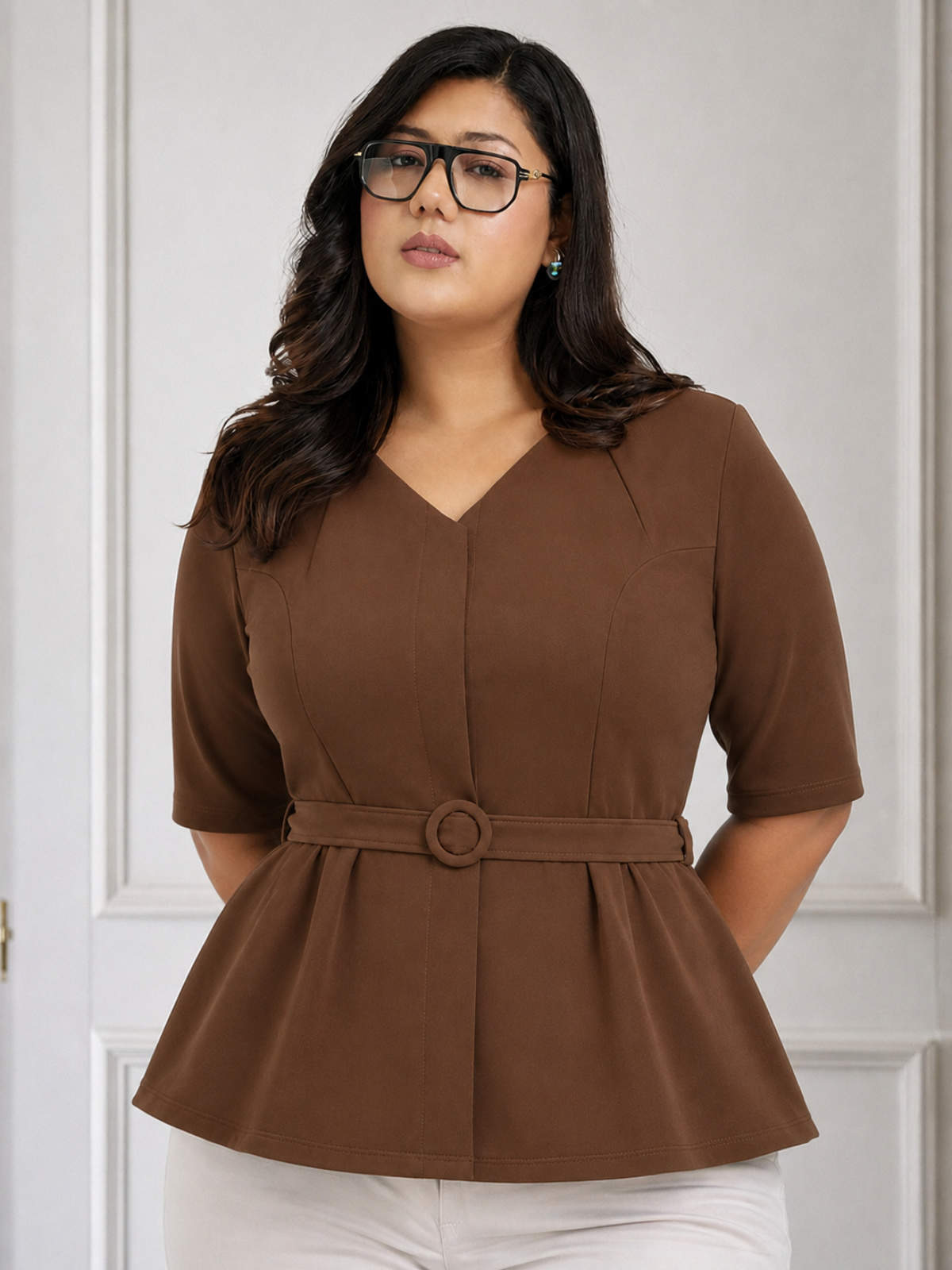Brown Plus Size Formal Top With Belt