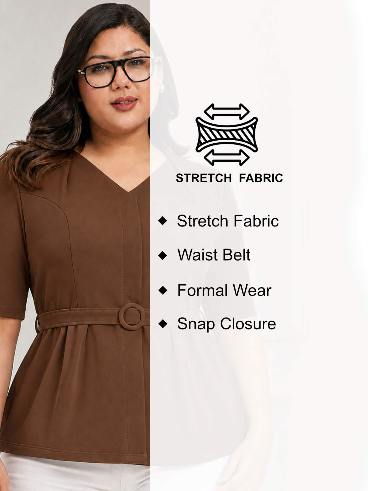 Brown Plus Size Formal Top With Belt