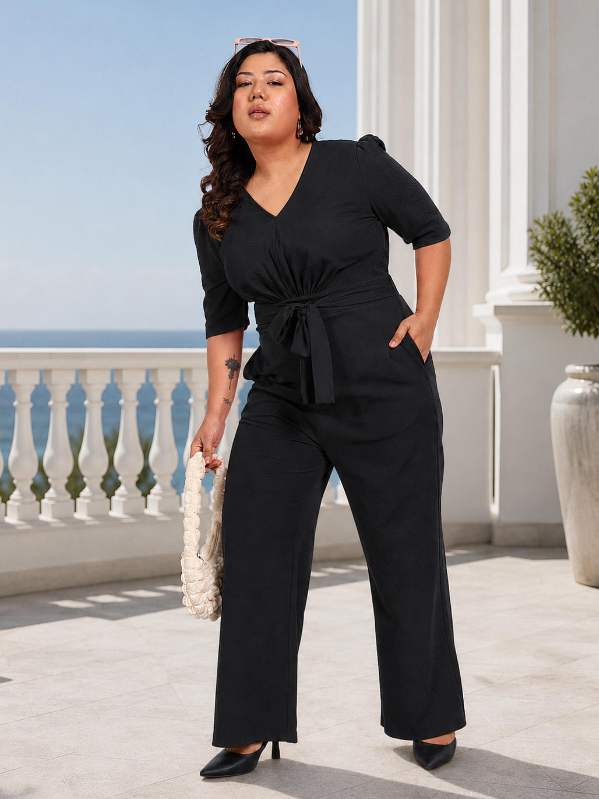 Black Plus Size Front Tie Up Jumpsuit
