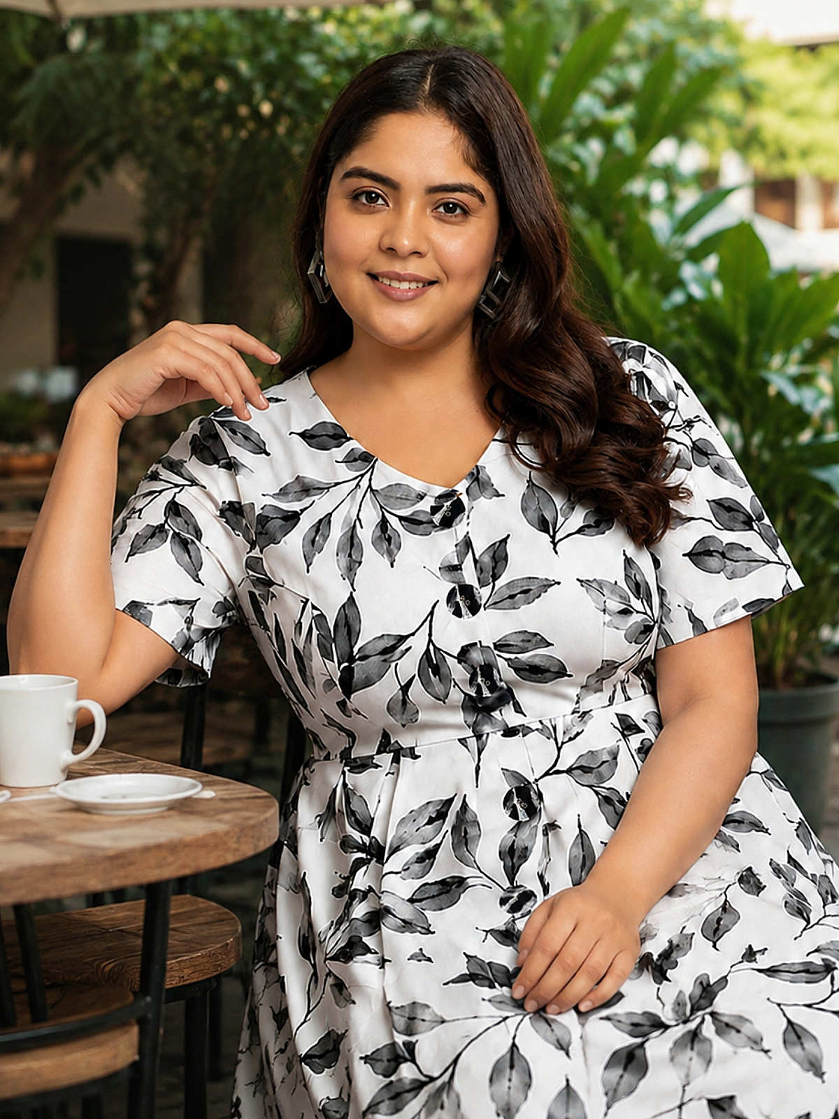 White Black Plus Size Front Button A-Line Dress