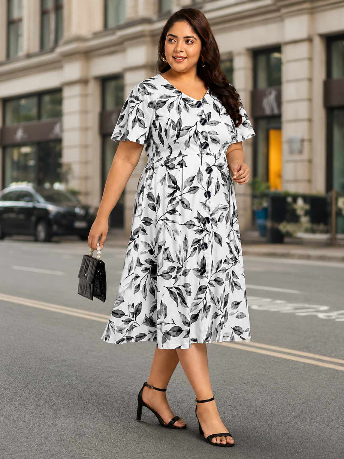 White Black Plus Size Front Button A-Line Dress