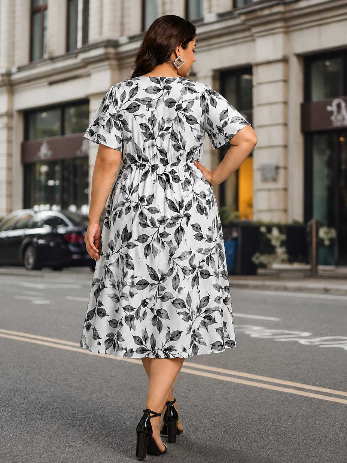White Black Plus Size Front Button A-Line Dress
