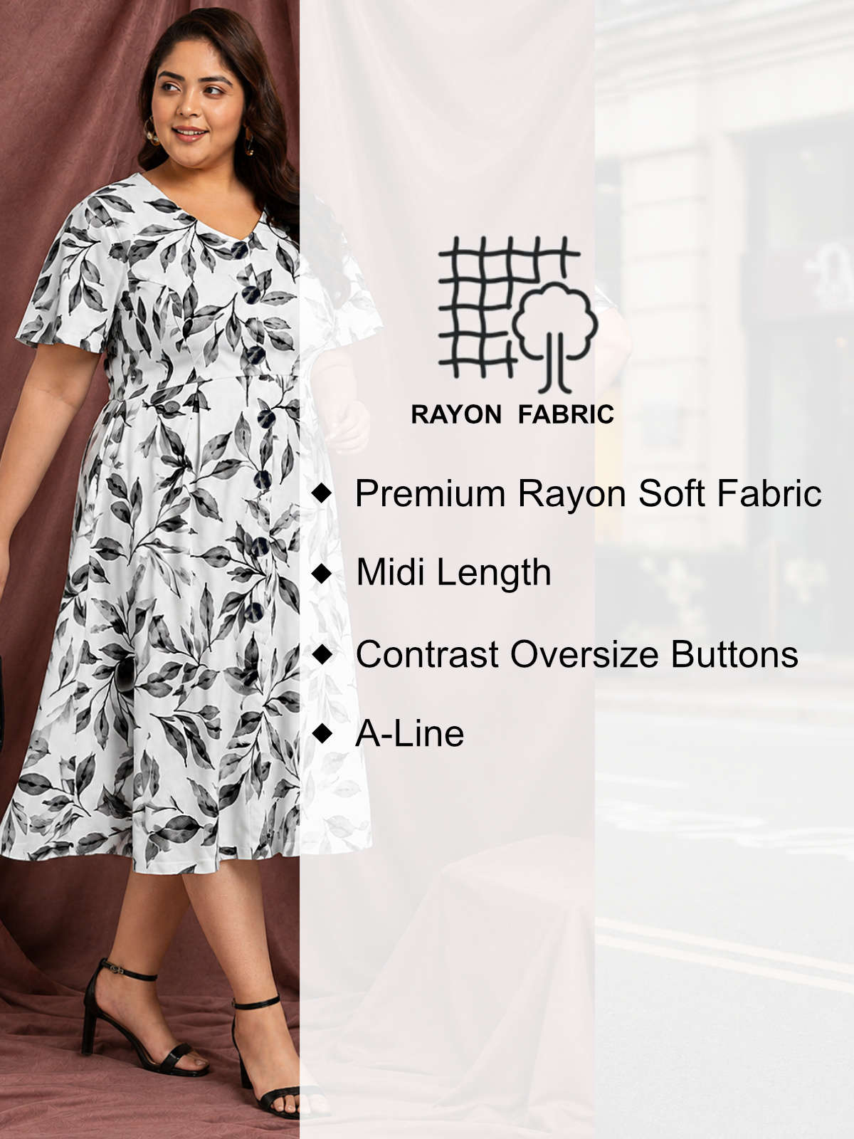 White Black Plus Size Front Button A-Line Dress