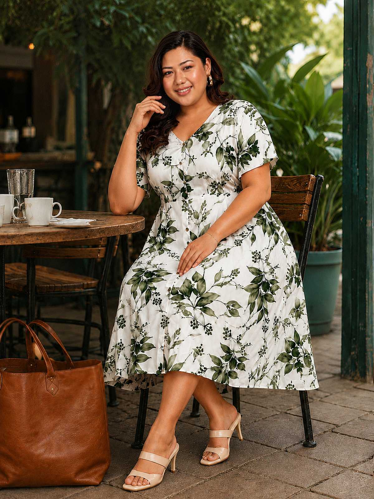White Green Printed Plus Size Buttoned A-line Dress