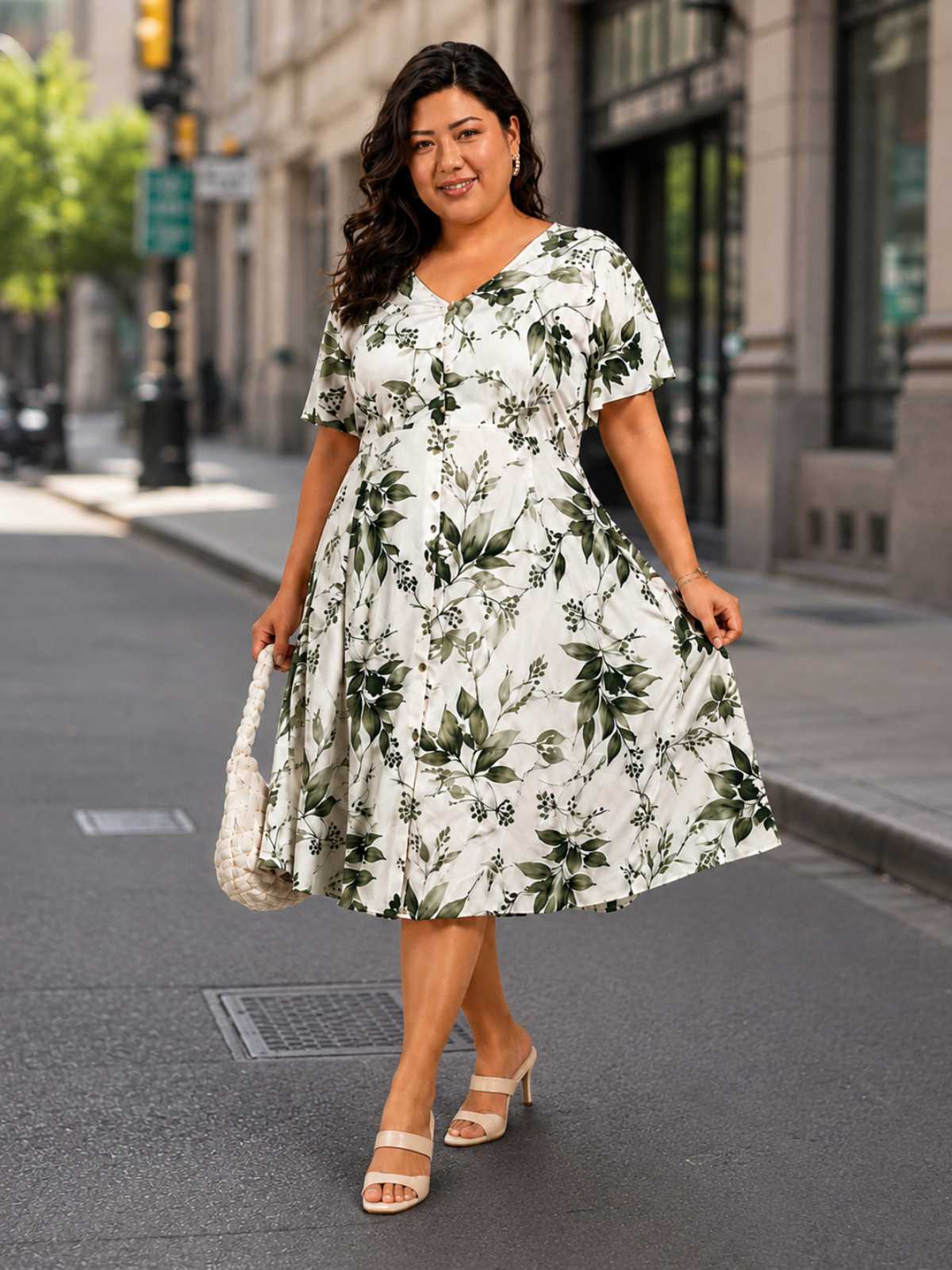 White Green Printed Plus Size Buttoned A-line Dress