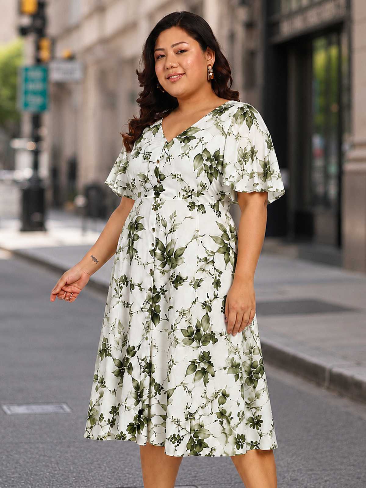 White Green Printed Plus Size Buttoned A-line Dress