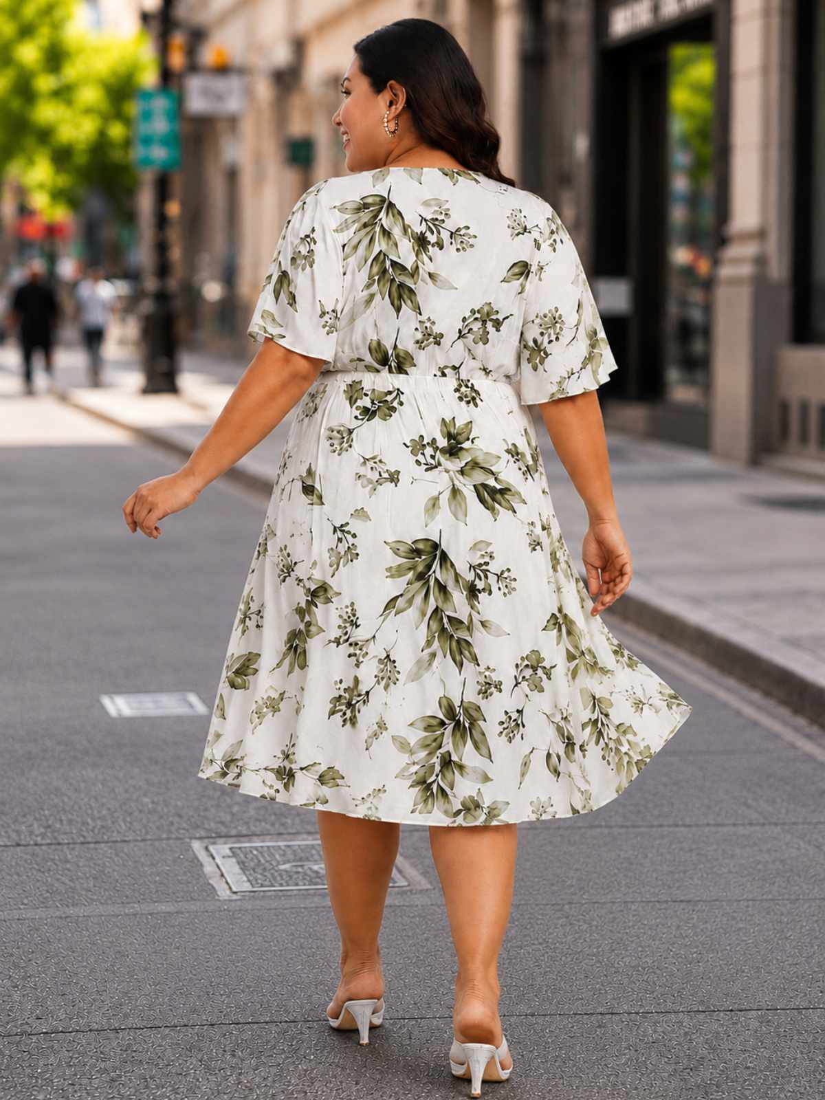 White Green Printed Plus Size Buttoned A-line Dress