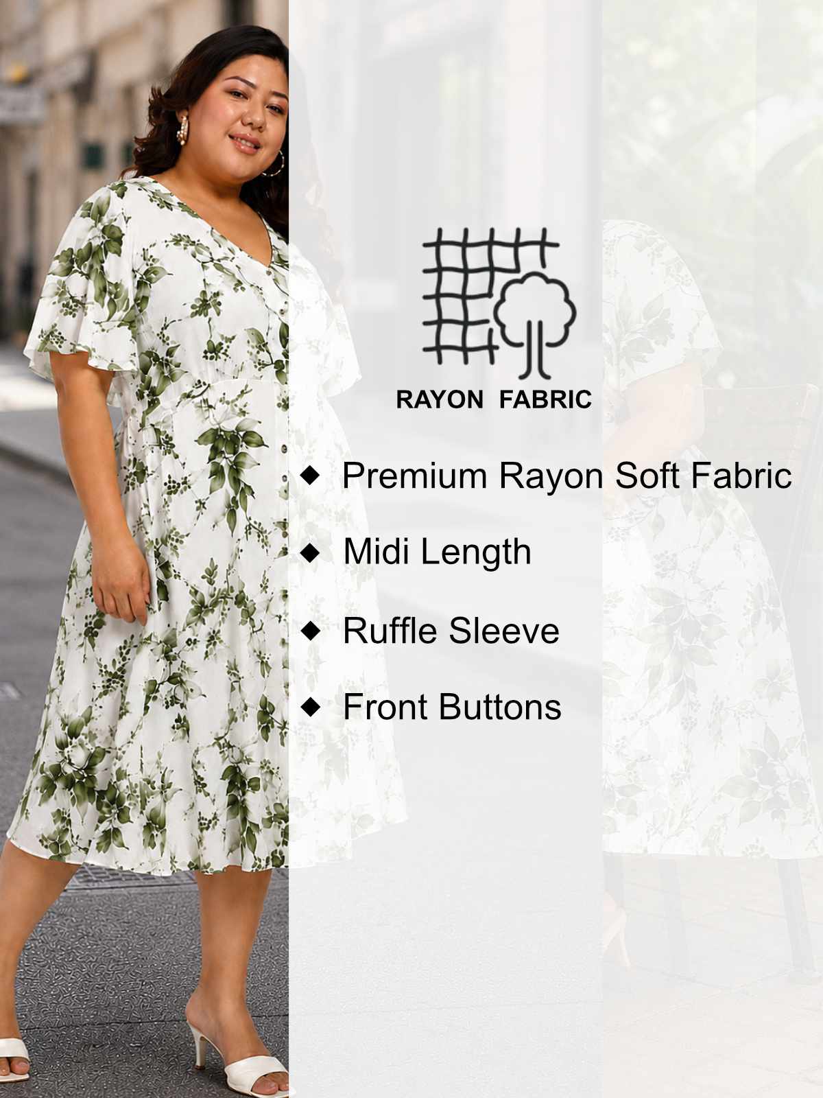White Green Printed Plus Size Buttoned A-line Dress