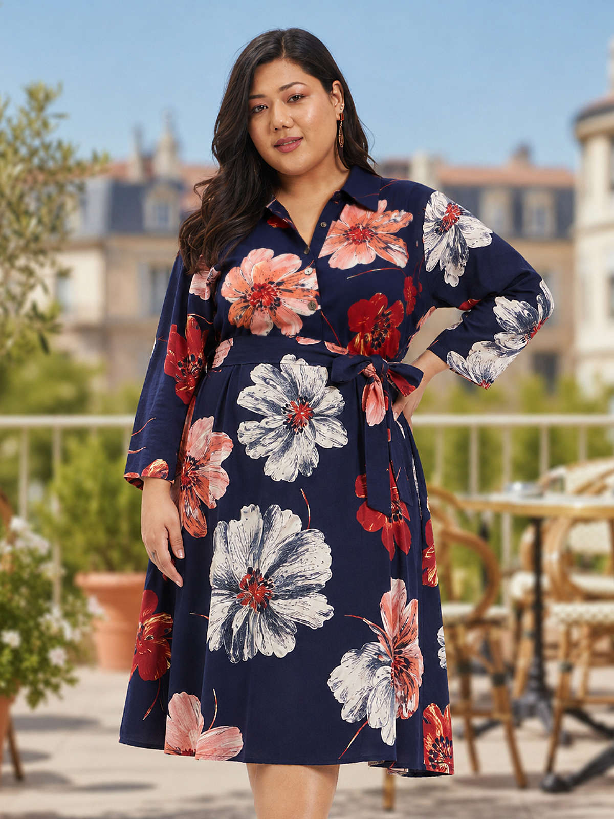 Blue Red Plus Size Floral Print Shirt Dress