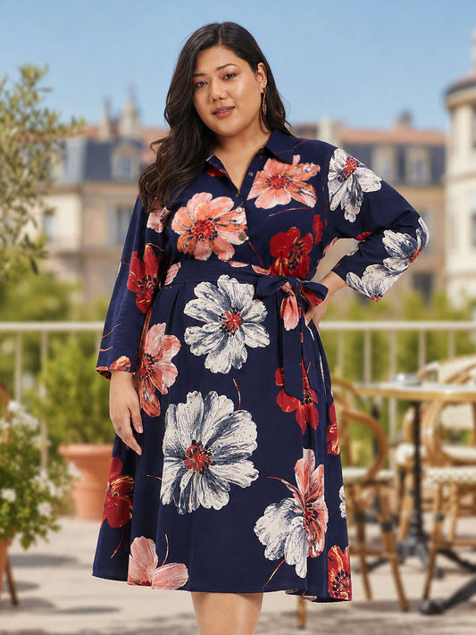 Blue Red Plus Size Floral Print Shirt Dress