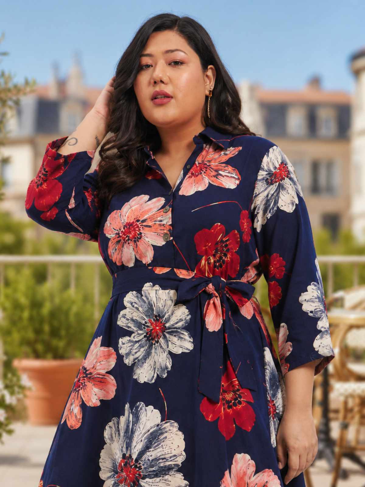 Blue Red Plus Size Floral Print Shirt Dress