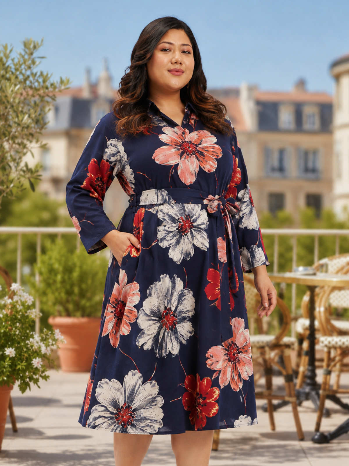 Blue Red Plus Size Floral Print Shirt Dress