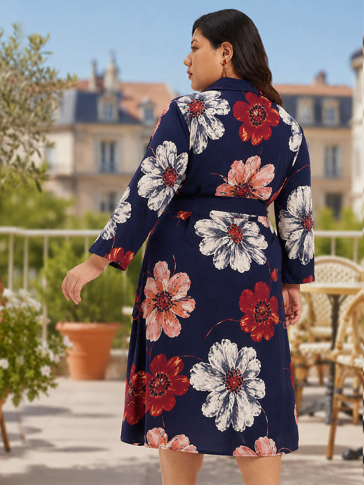 Blue Red Plus Size Floral Print Shirt Dress