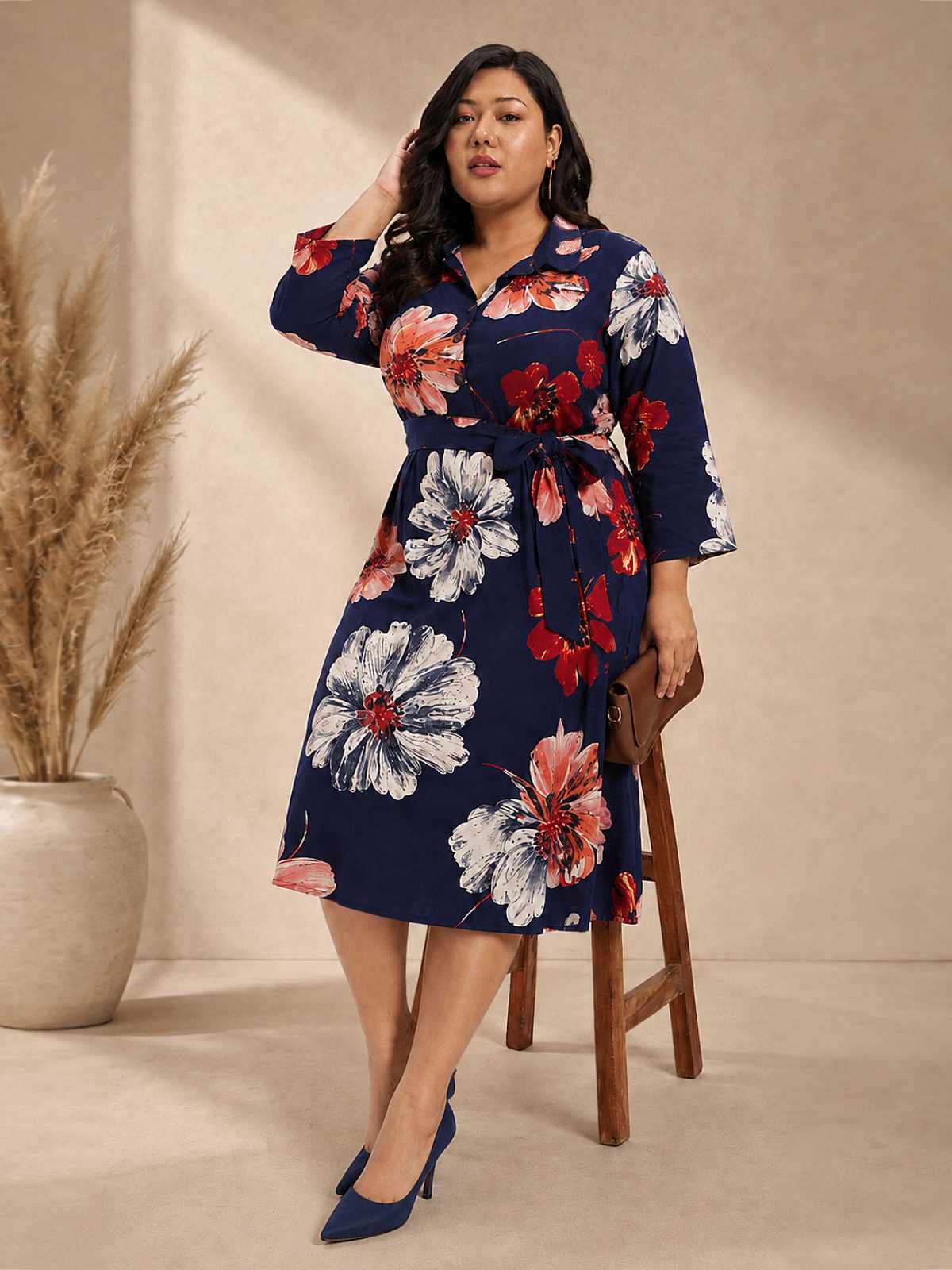 Blue Red Plus Size Floral Print Shirt Dress