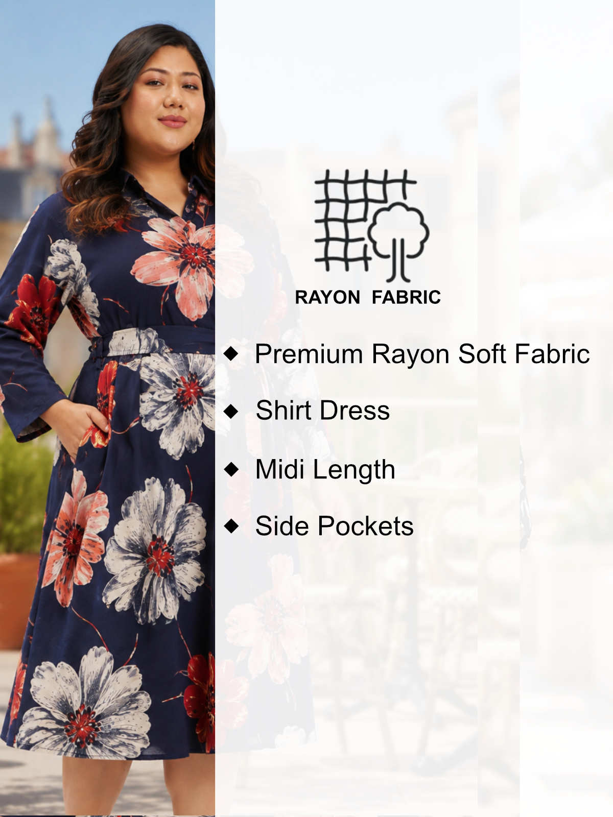 Blue Red Plus Size Floral Print Shirt Dress