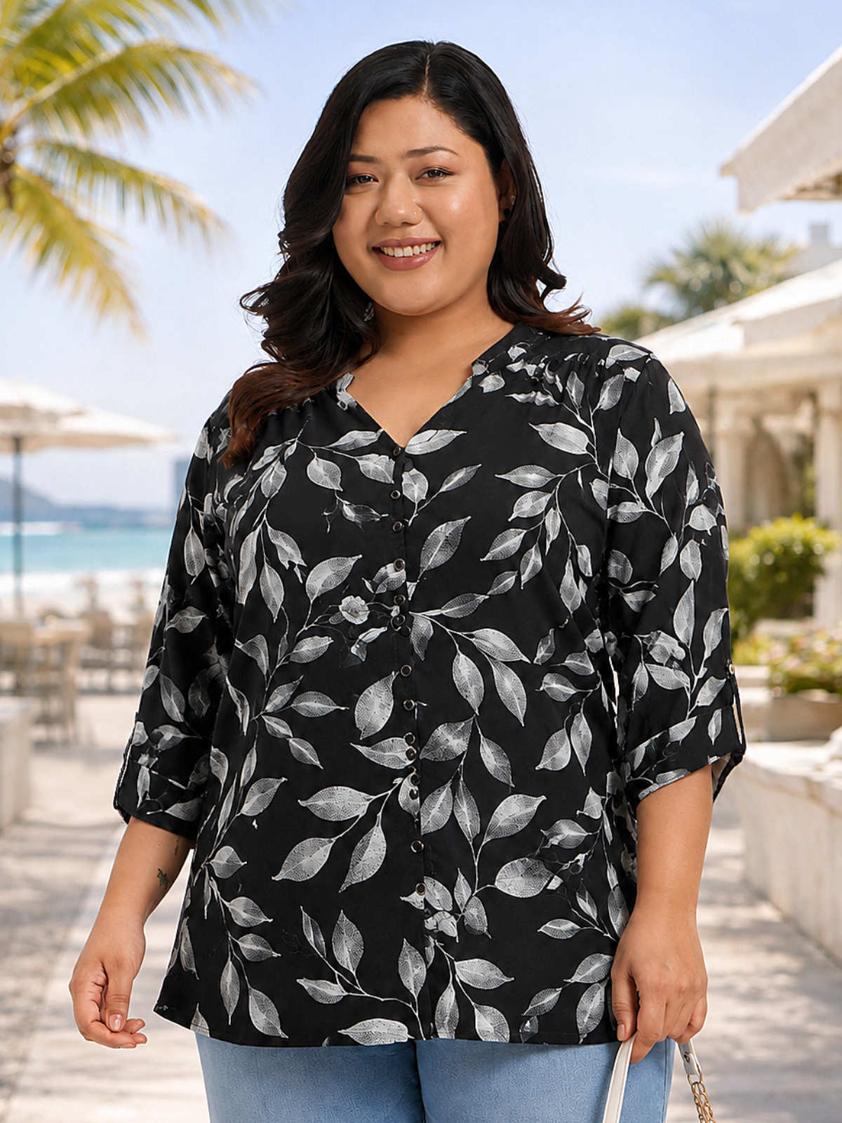 Black Plus Size Leaf Print Buttoned Tunic Top