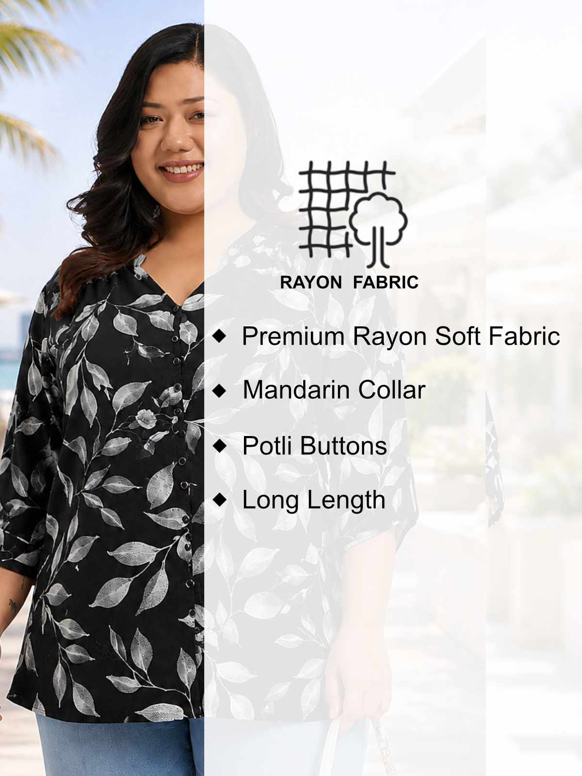 Black Plus Size Leaf Print Buttoned Tunic Top