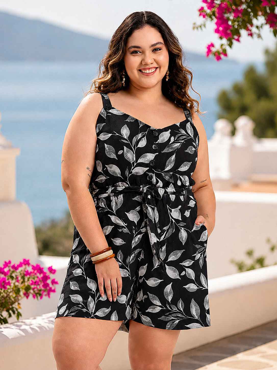 Black Printed Plus Size Playsuit