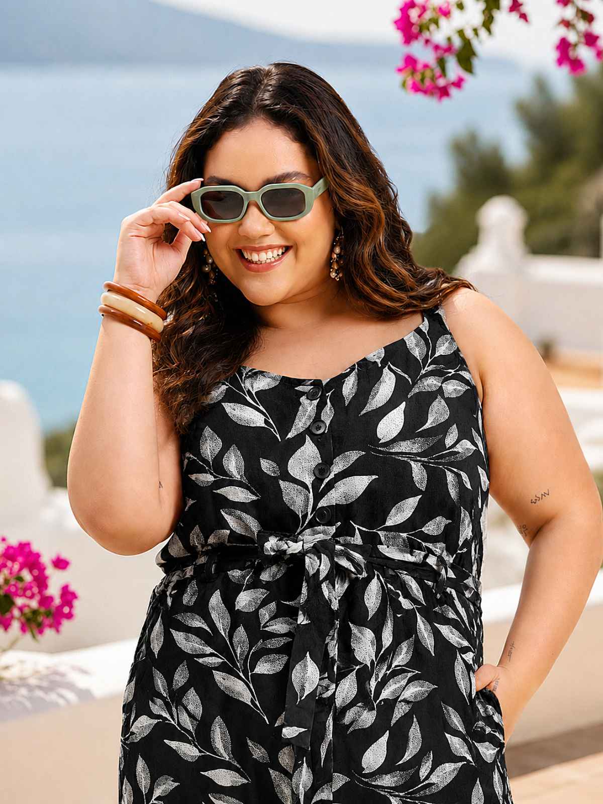 Black Printed Plus Size Playsuit