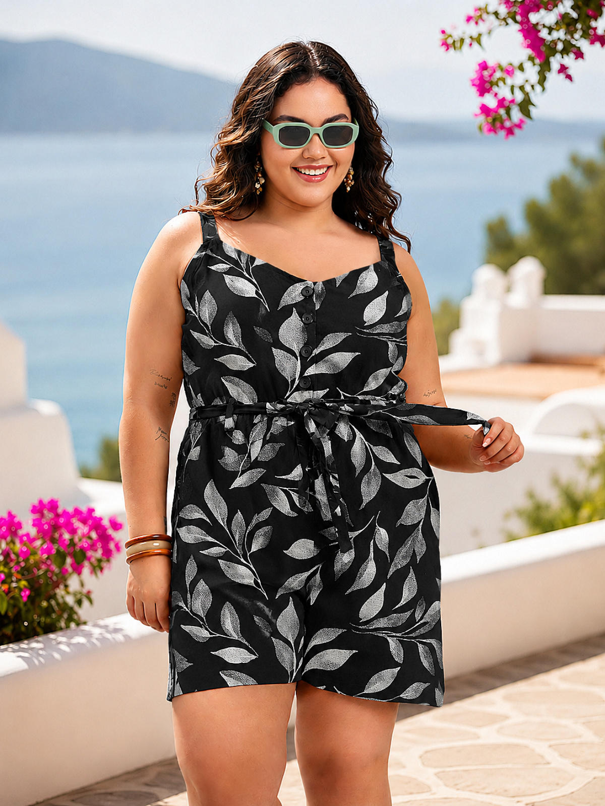 Black Printed Plus Size Playsuit