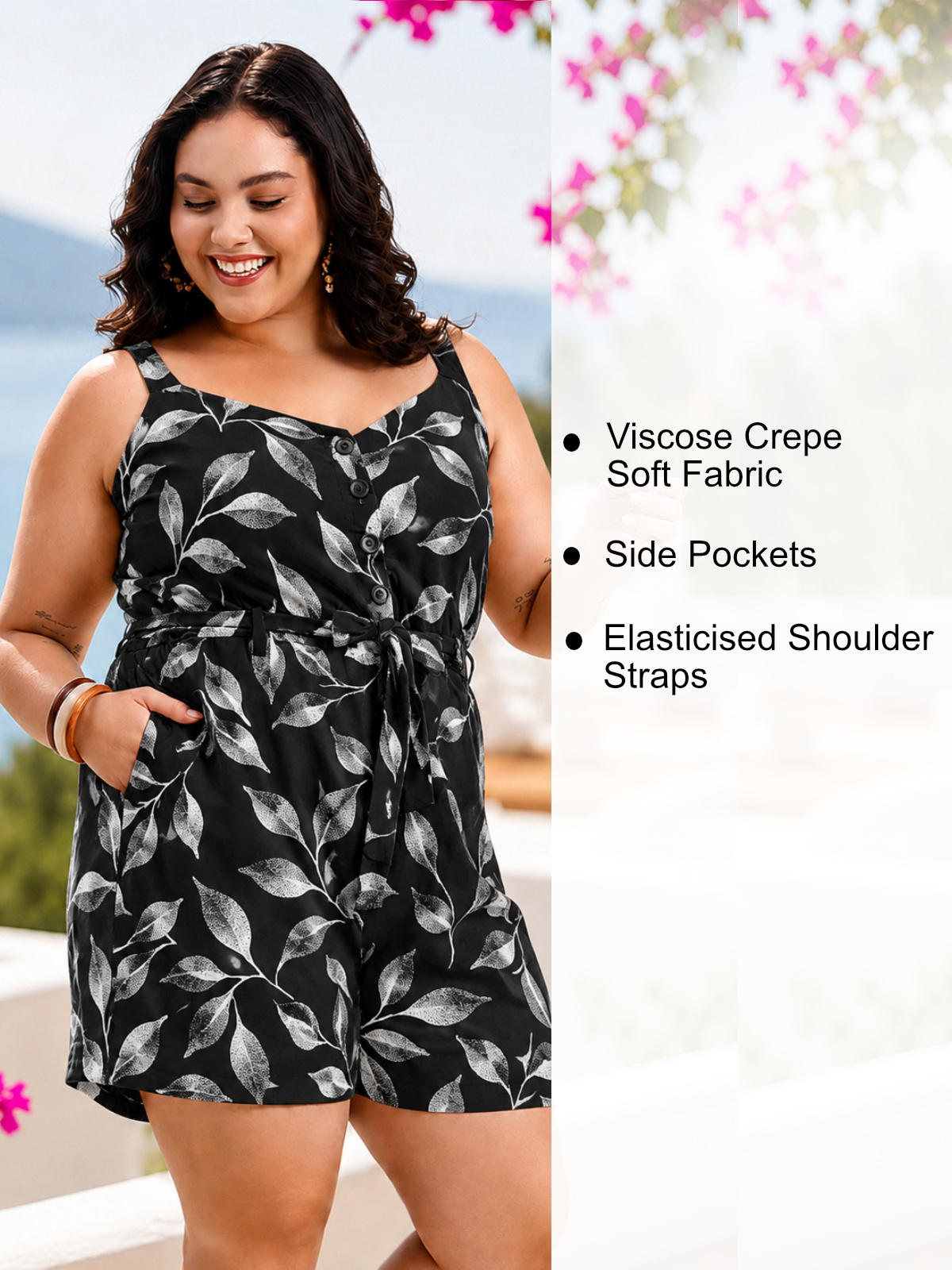 Black Printed Plus Size Playsuit