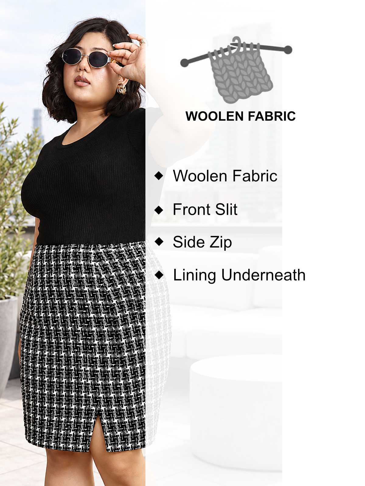 Black Woolen Plus Size Side Slit Skirt