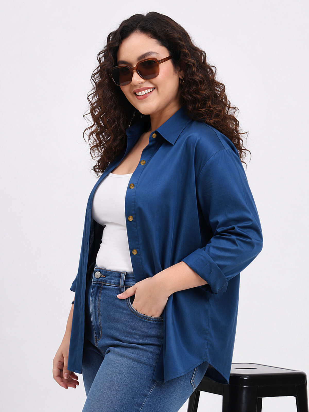 Blue Plus Size Tencel Oversize Shirt