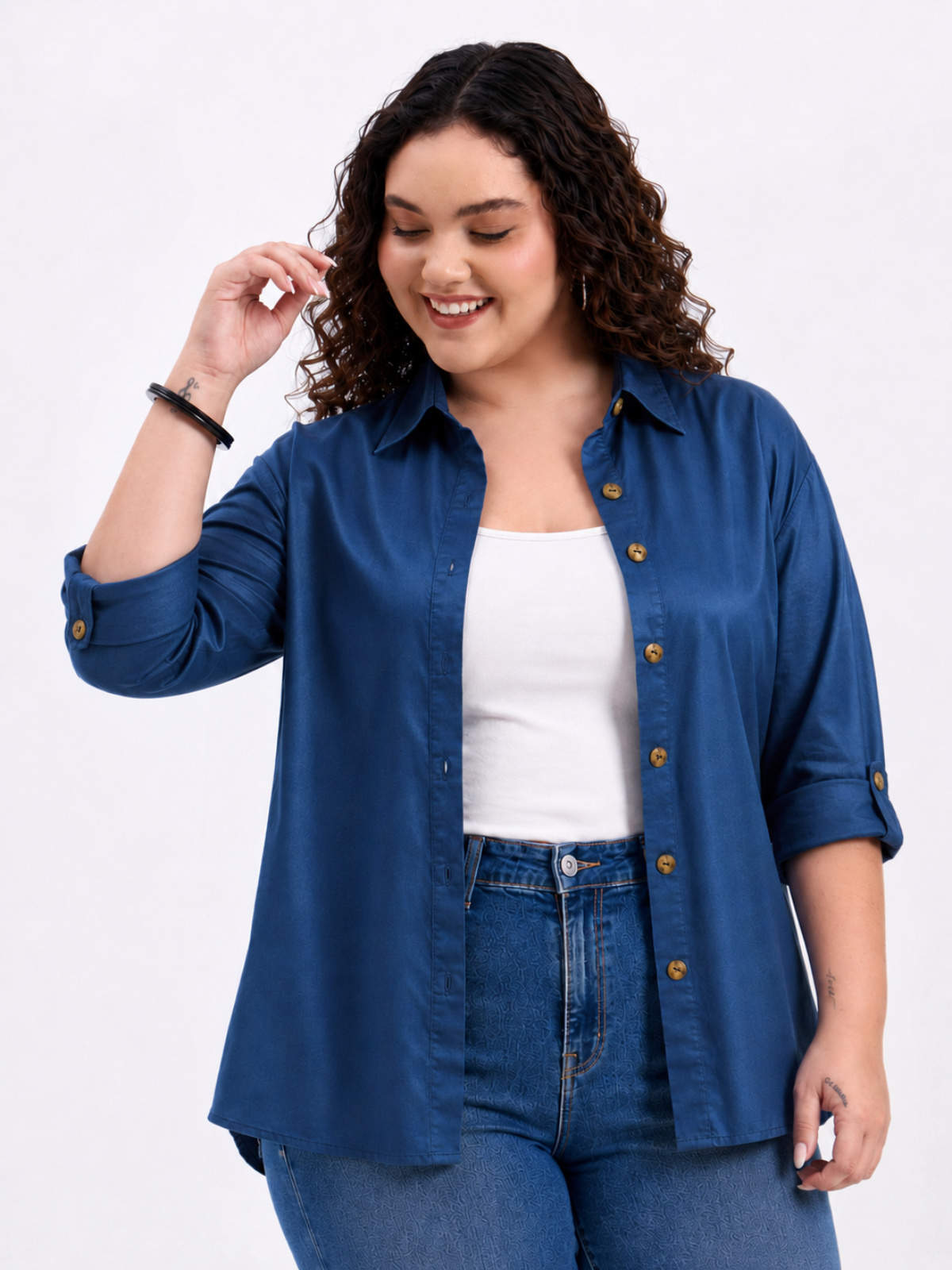 Blue Plus Size Tencel Oversize Shirt
