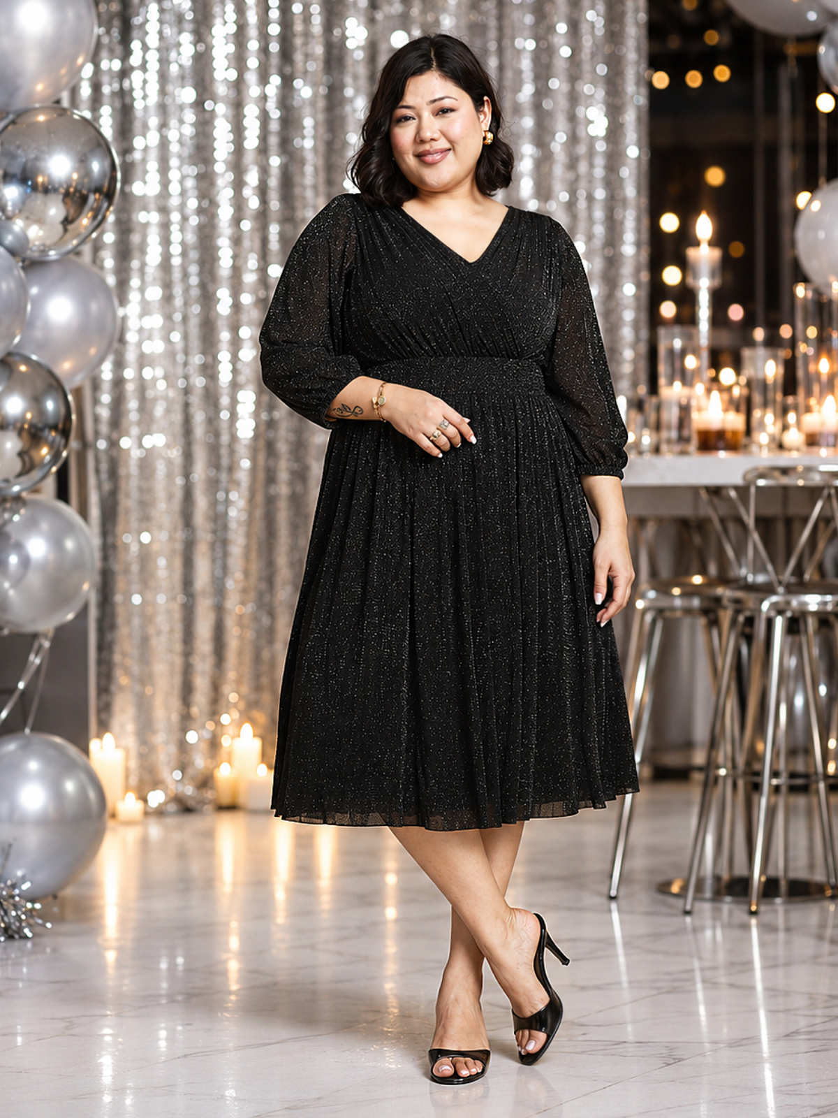 Black Plus Size Glitter Net Dress
