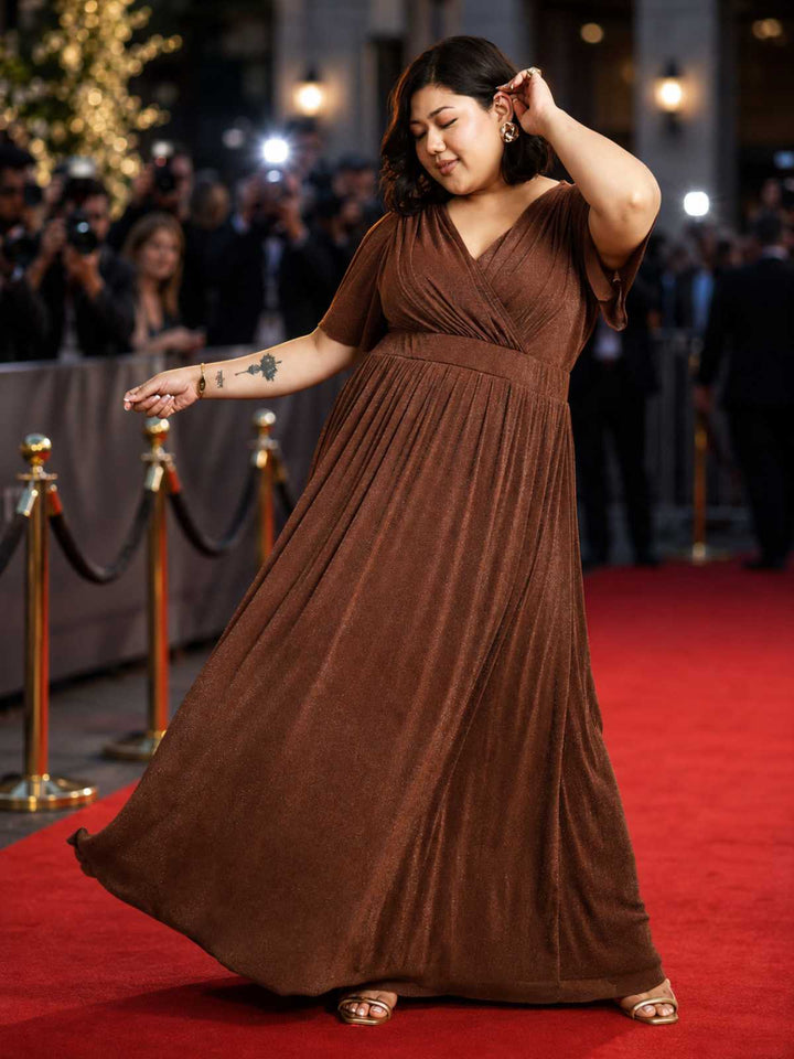 Brown Plus Size Glitter Net Gown