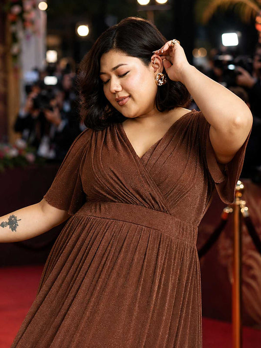 Brown Plus Size Glitter Net Gown