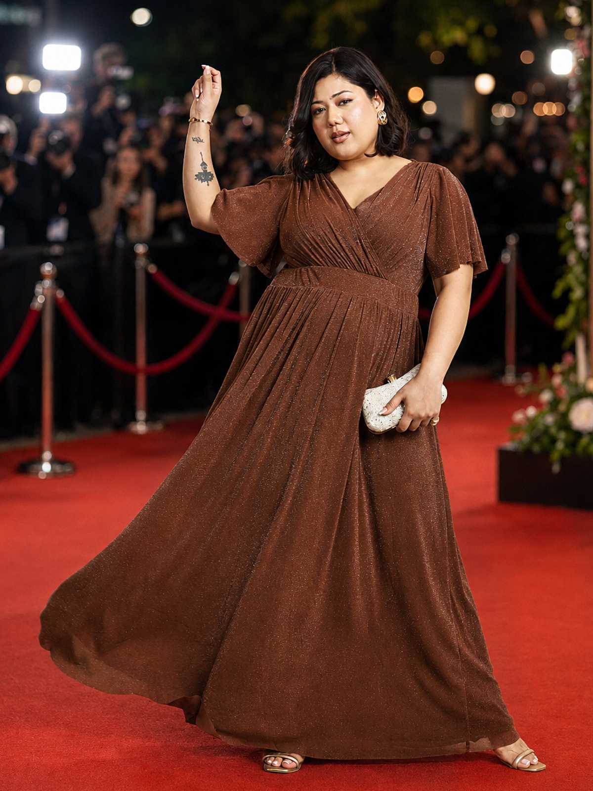 Brown Plus Size Glitter Net Gown
