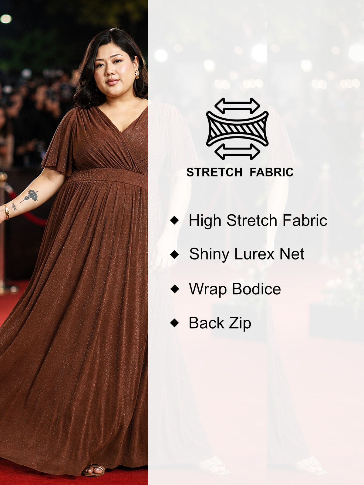 Brown Plus Size Glitter Net Gown