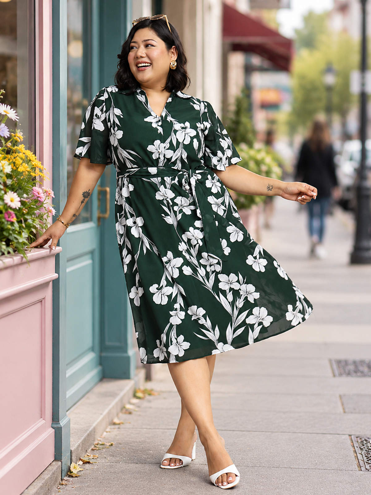 Green White Plus Size Shirt Dress With Belt