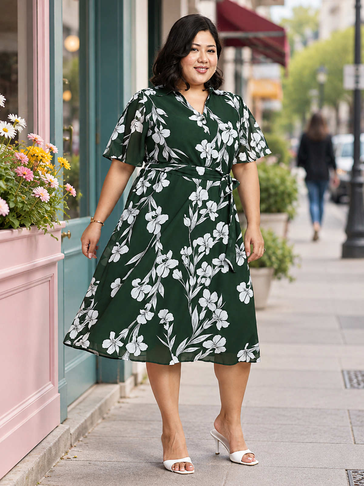 Green White Plus Size Shirt Dress With Belt