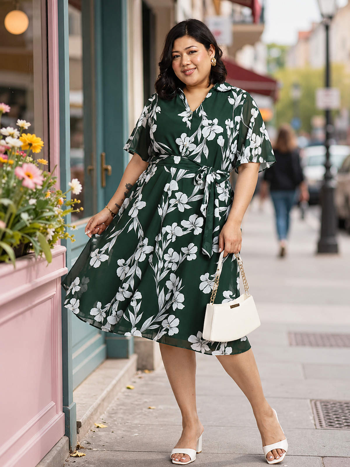 Green White Plus Size Shirt Dress With Belt
