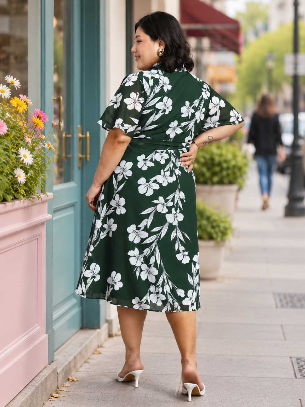 Green White Plus Size Shirt Dress With Belt