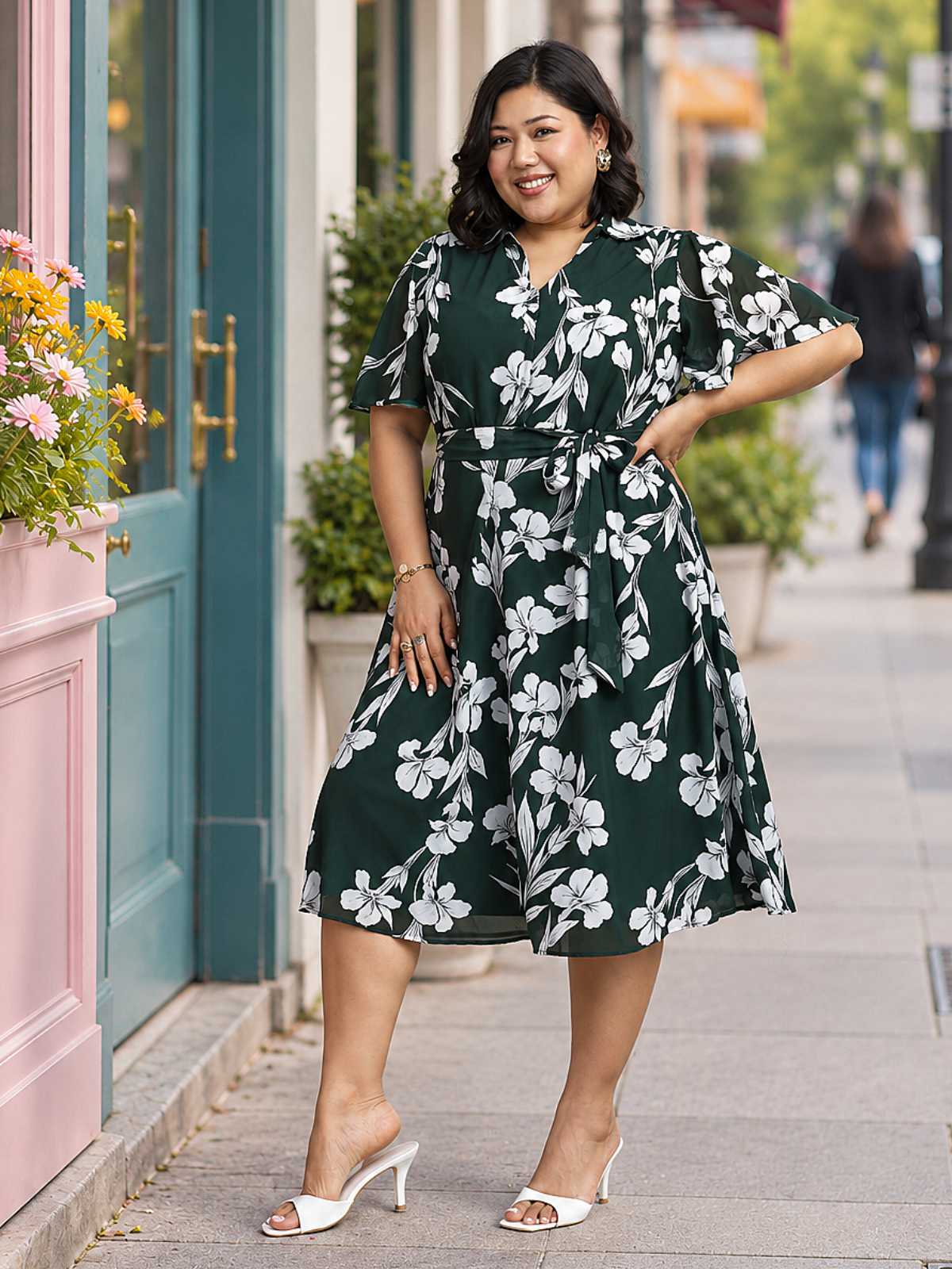 Green White Plus Size Shirt Dress With Belt