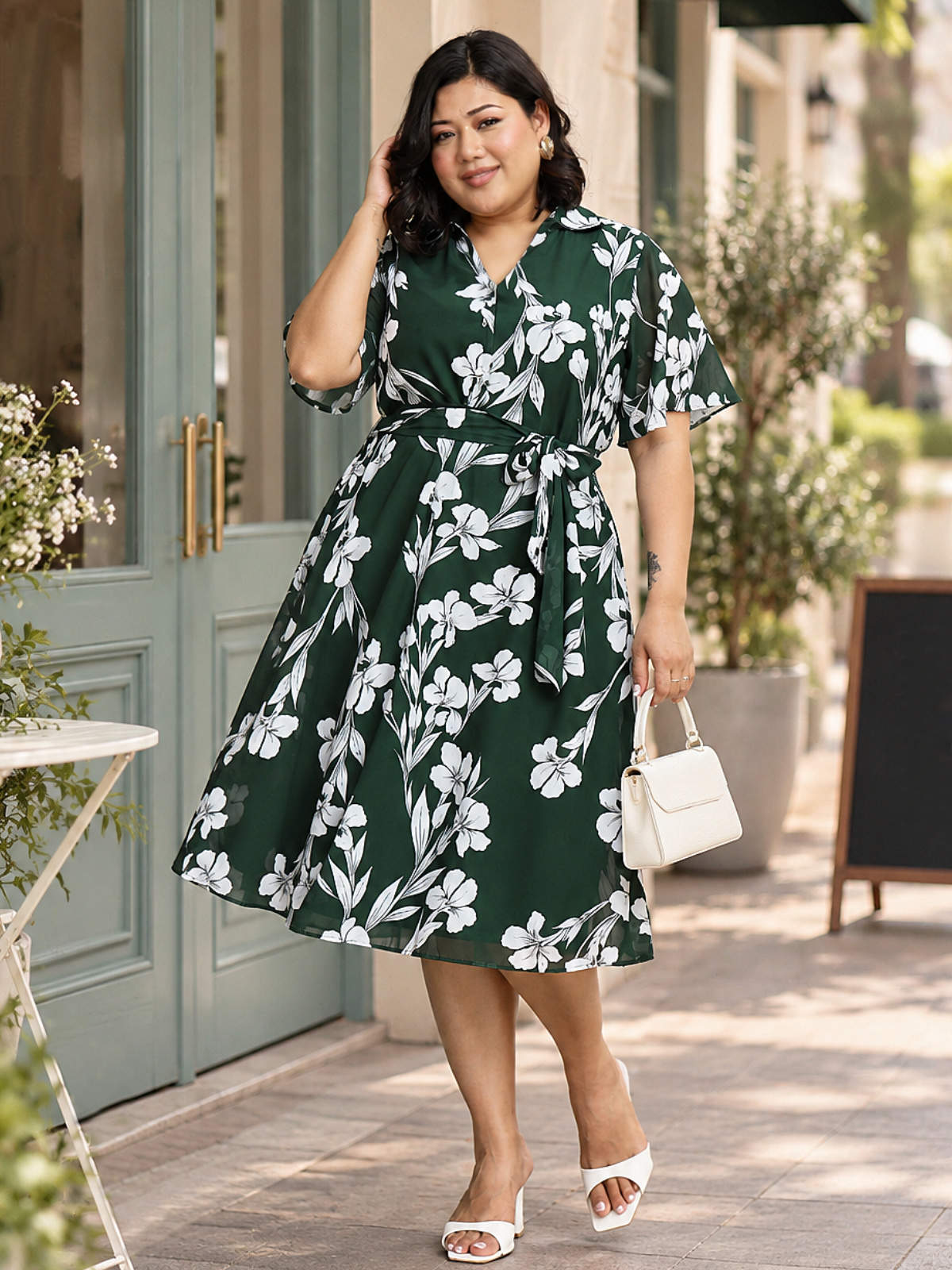 Green White Plus Size Shirt Dress With Belt